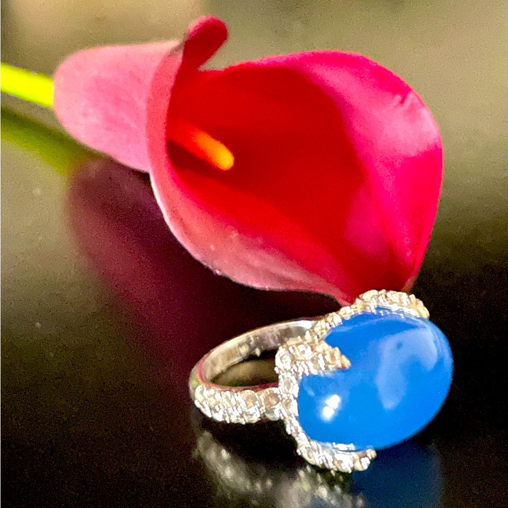 Vintage Nolan Miller Blue Chalcedony and Pave Ring, Size 7.
